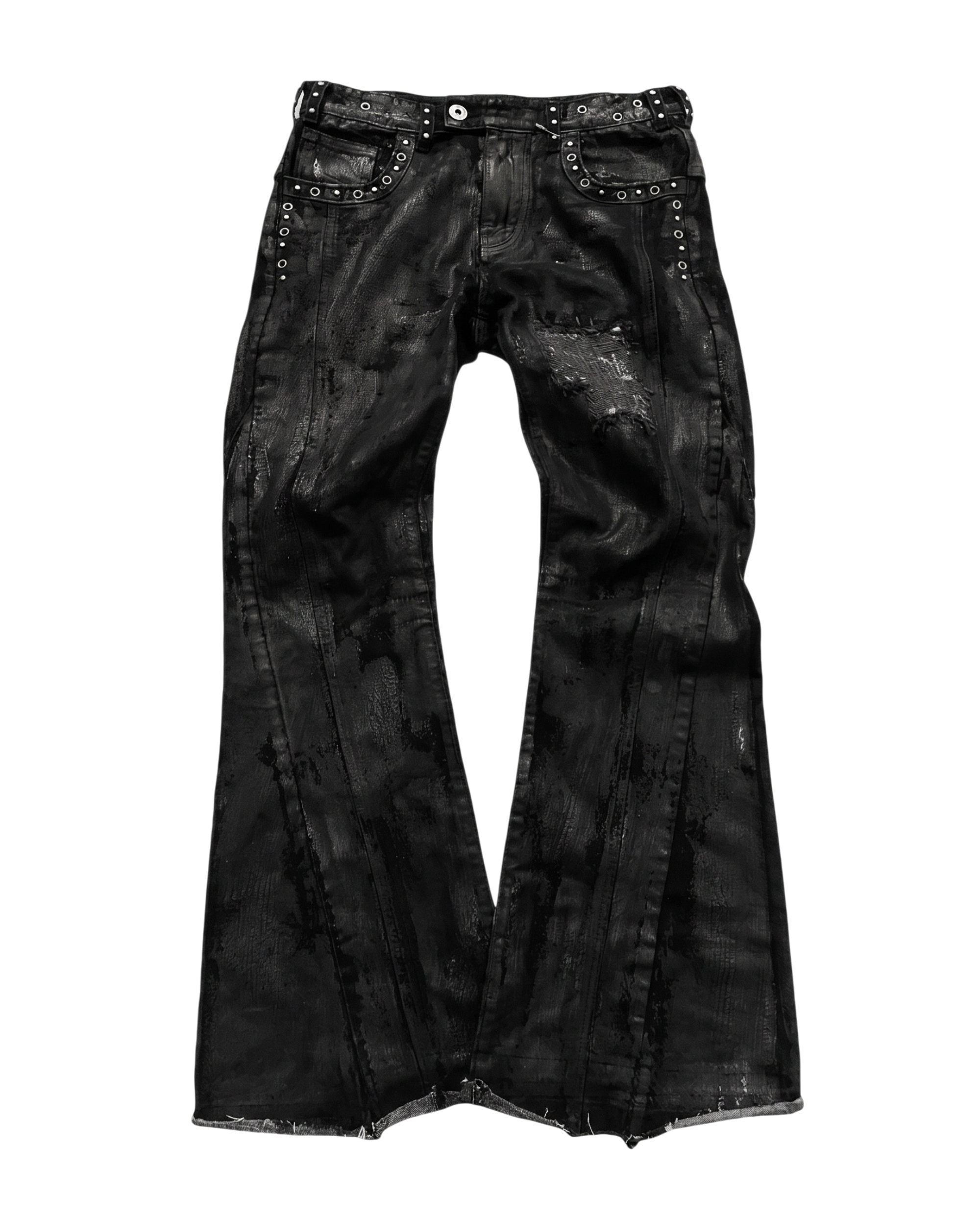 Distressed Waxed Flare Jeans